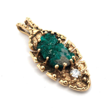 Artisan 14K Yellow Gold Green Gemstone Cubic Zirconia Leaf Statement Pendant