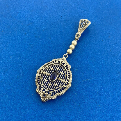 Vintage 14K White Gold Oval Blue Sapphire Seed Pearl Filigree Statement Pendant