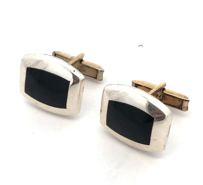 Vintage Taxco Mexico Alpaca Silver Black Onyx Men's Suit Dress Cufflinks