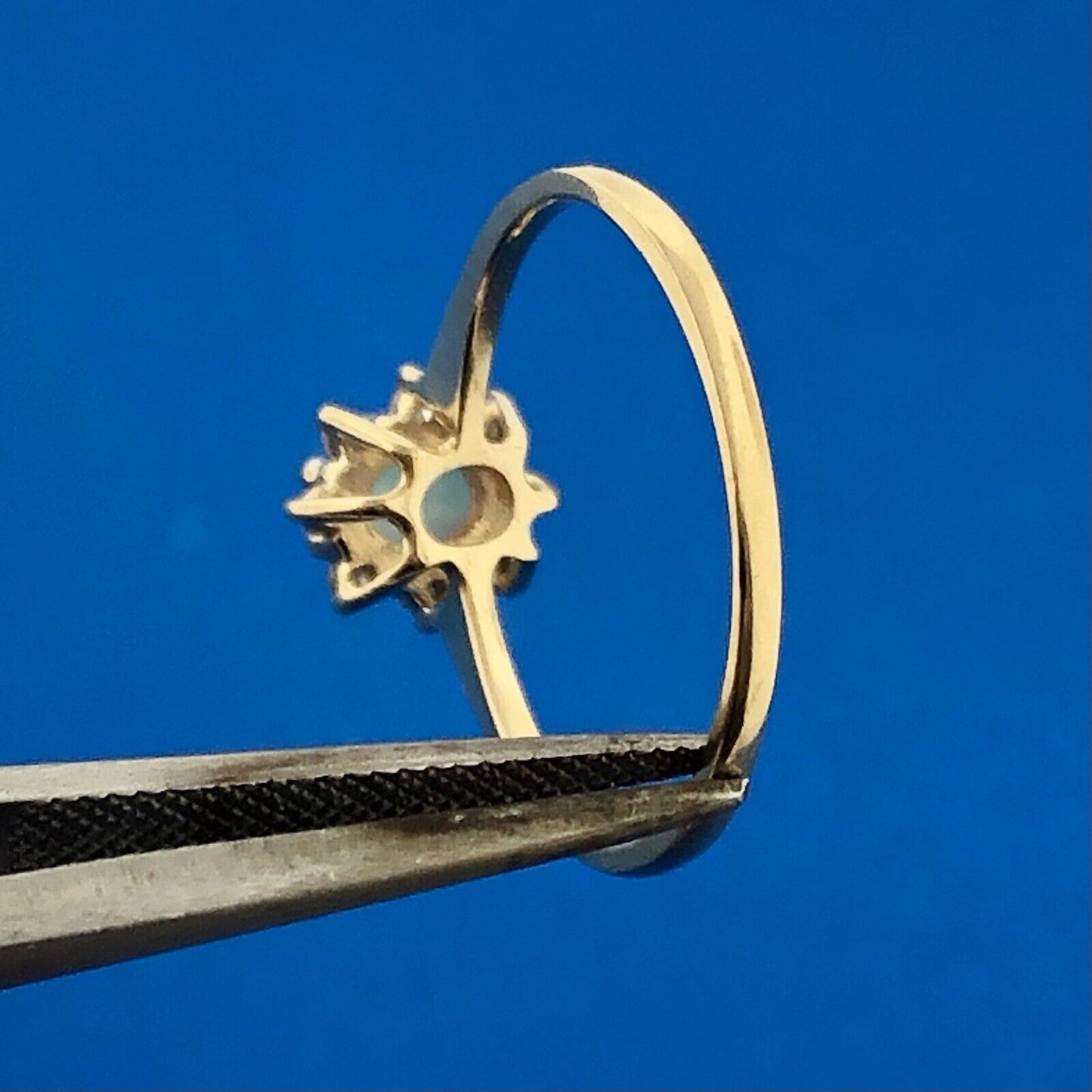 Vintage 14K Yellow Gold Oval Opal Cabochon Diamond Halo October Anniversary Ring