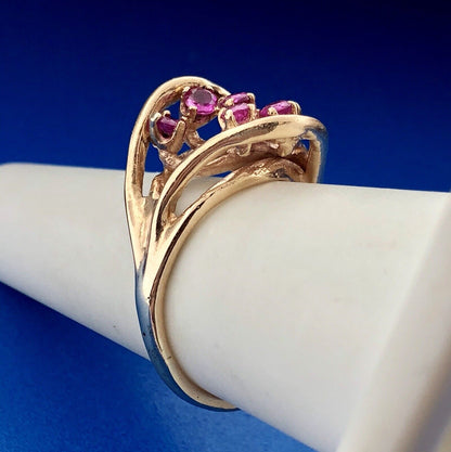 14K Yellow Gold Ruby Cluster Free Form Modernist July Birthday Cocktail Ring