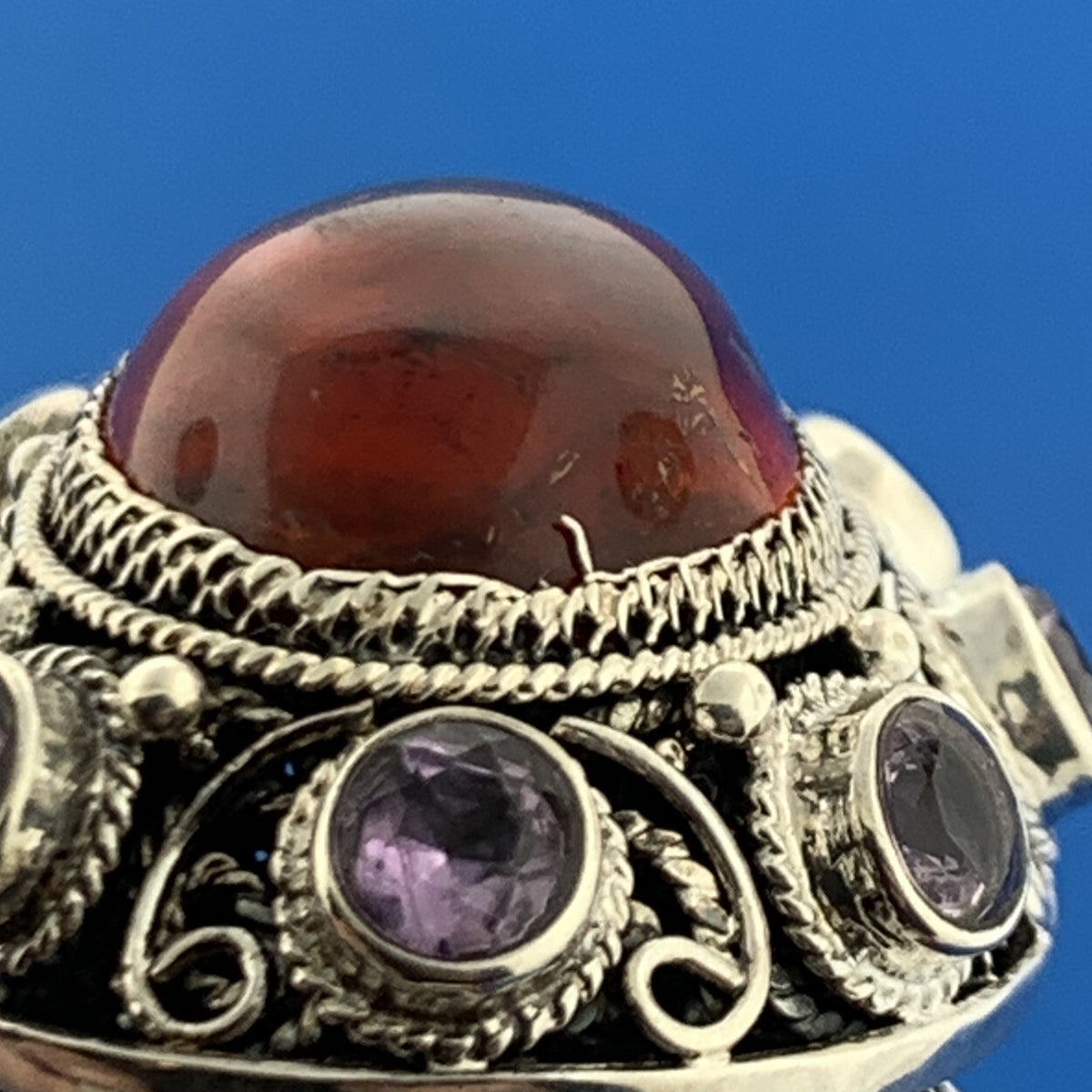 Designer 925 Sterling Silver Amber Cabochon Amethyst Accented Statement Ring