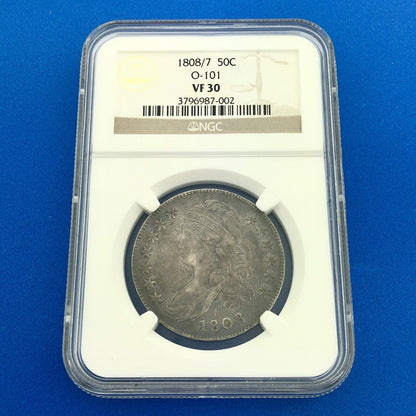 1808/7 Capped Bust Silver Half Dollar 50c Lettered Edge NGC VF30 O-101 Coin
