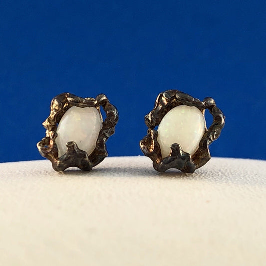 Native American Artisan Sterling Silver 14K Gold Opal Free Form Stud Earrings