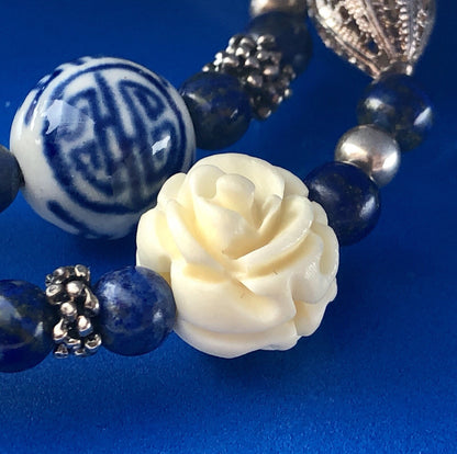 Sterling Silver 925 Lapis Ceramic Carved Cloisonne Bead Three Wrap Bracelet