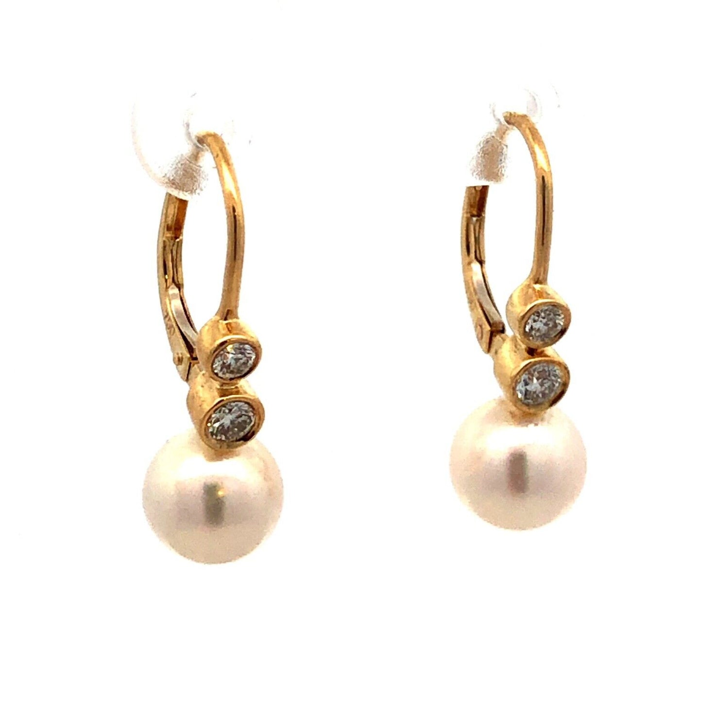 Designer 18K Yellow Gold Round White Pearl Diamond Leverback Hook Earrings