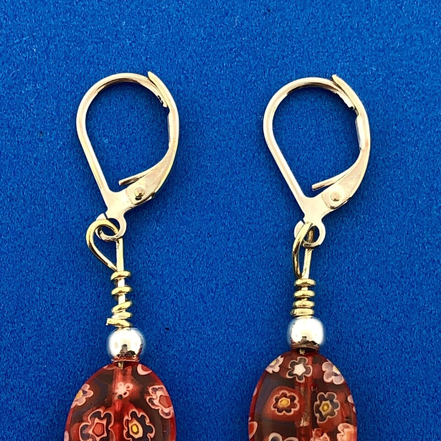 Sterling Silver 925 Millefiore Glass Bead Fleur De Lis Drop Dangle Earrings