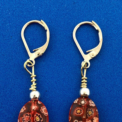 Sterling Silver 925 Millefiore Glass Bead Fleur De Lis Drop Dangle Earrings