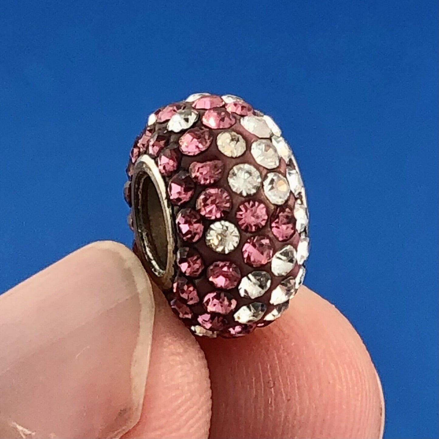 Designer Sterling Silver 925 Pink White Cubic Zirconia Pave Bead Bracelet Charm