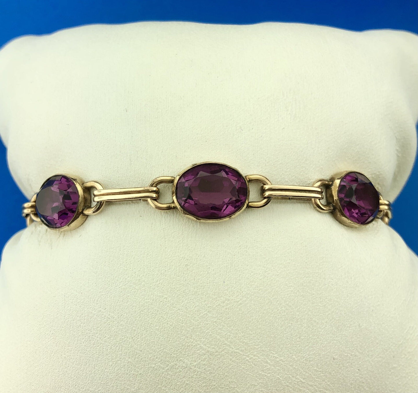Vintage 12KT Gold Filled Oval Purple Amethyst Station Panel Link Bracelet