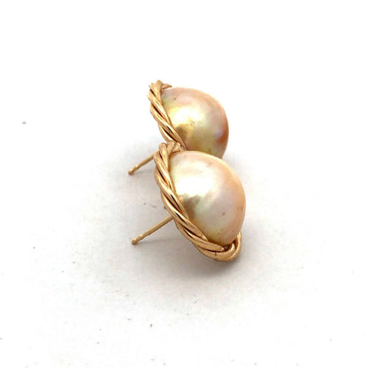 Estate 14K Yellow Gold Round Mabe Pearl Bird's Nest Statement Stud Earrings