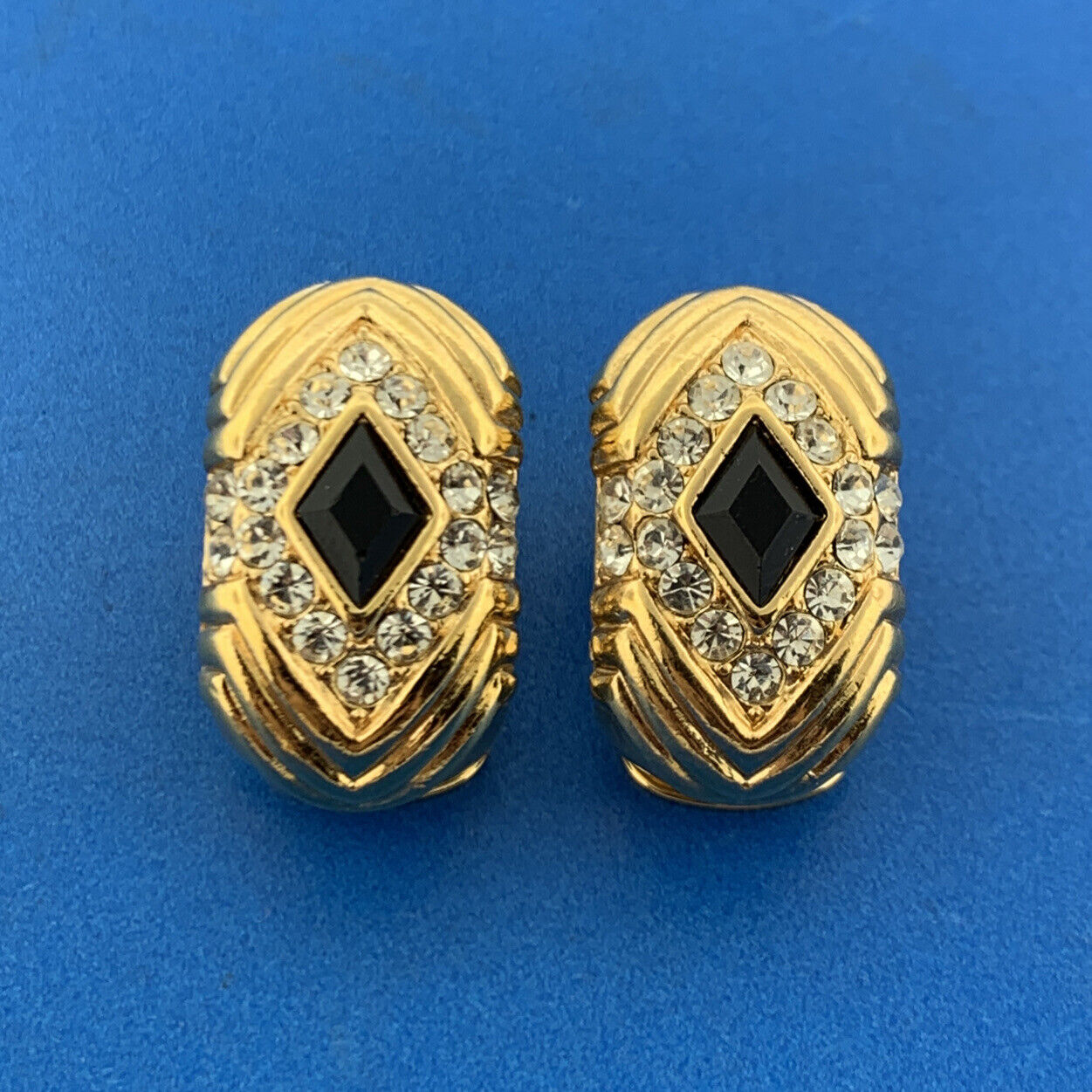 Mid Century Vendome Gold Tone Black Jet White Crystal Half Hoop Clip On Earrings