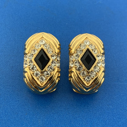 Mid Century Vendome Gold Tone Black Jet White Crystal Half Hoop Clip On Earrings