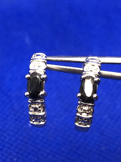 Black Onyx Diamond Accented 925 Sterling Silver Half Huggie Hoop Stud Earrings