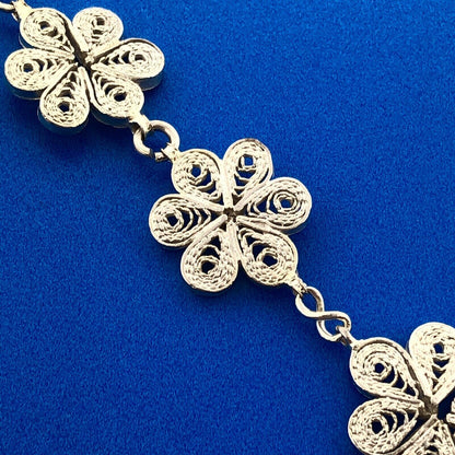 Retro 925 Sterling Silver Vermeil Two Toned Filigree Daisy Flower Panel Bracelet