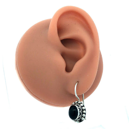 Vintage 925 Sterling Silver Oval Black Onyx Beaded Detail Dangle Hook Earrings