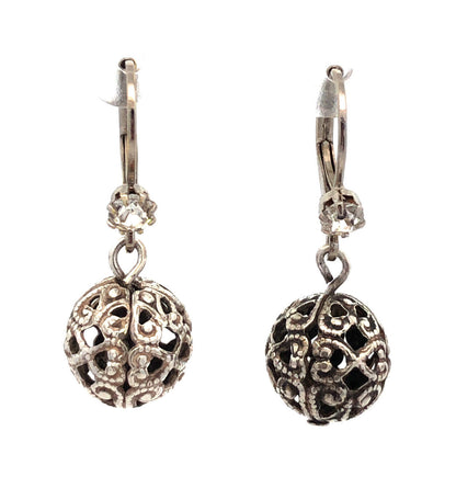 Vintage 925 Sterling Silver Round Cubic Zirconia Ball Dangle Hook Earrings
