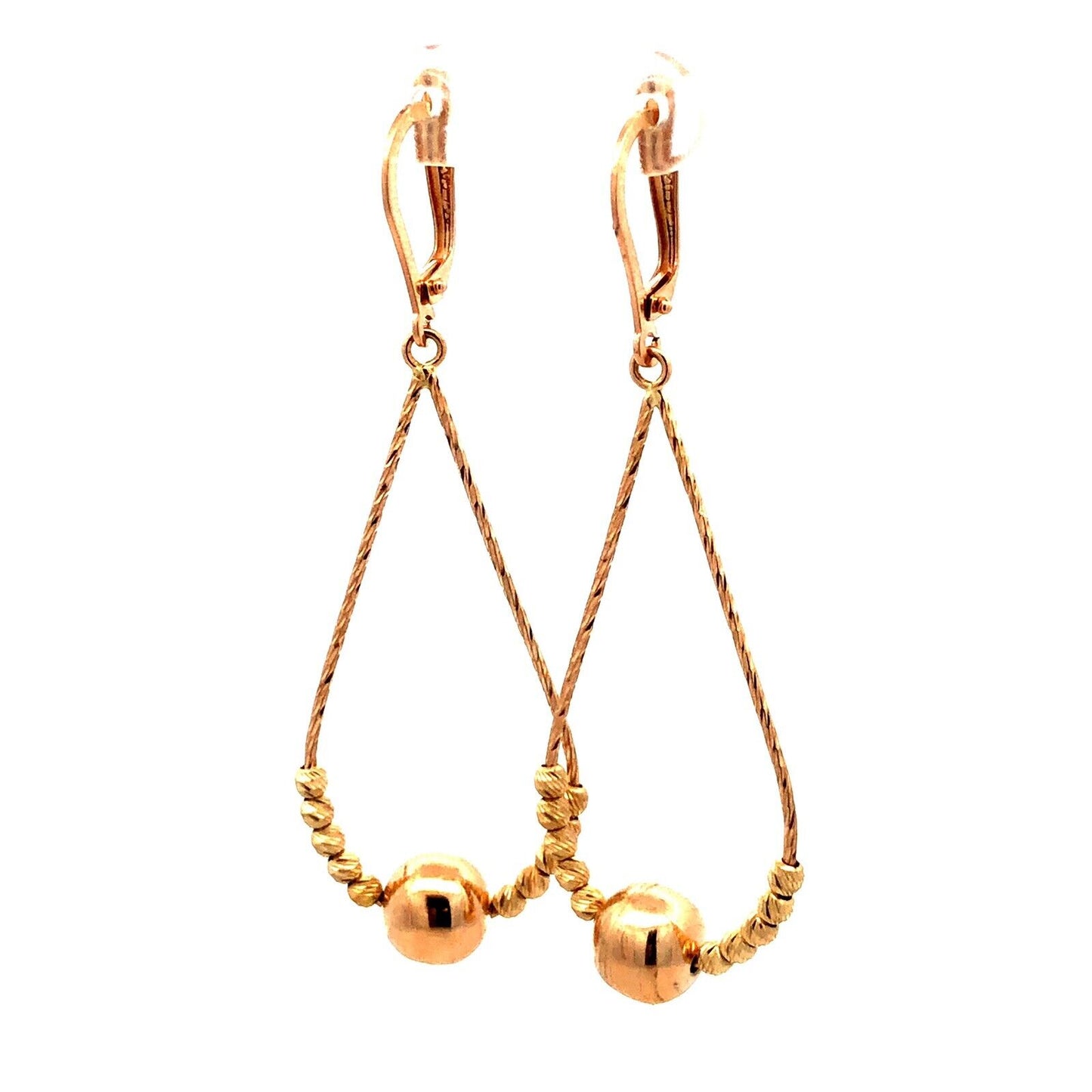 Designer 18K Yellow Gold Textured Beaded Lever Back Dangle Drop Earrings