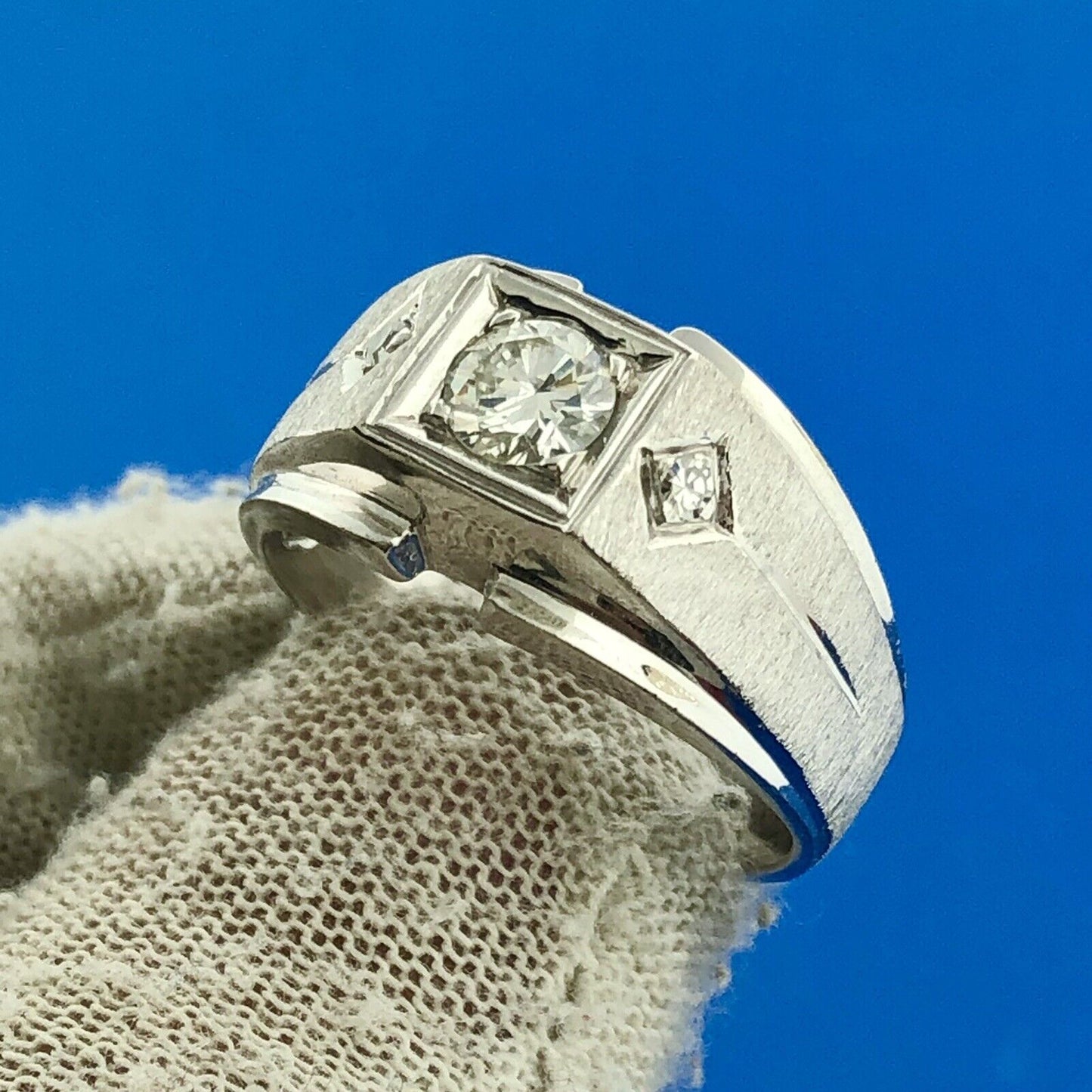 Men's 14k White Gold Round Cut Triple Diamond .51tcw Textured Ring Size 9.25