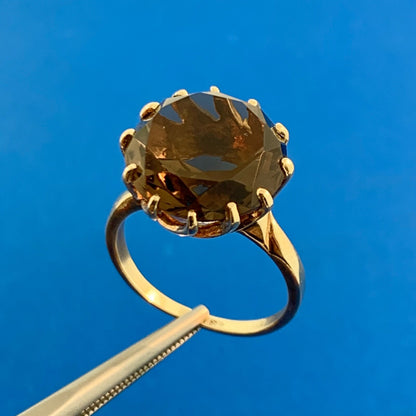 Retro 10K Yellow Gold Smoky Quartz Solitaire Statement Cocktail Ring
