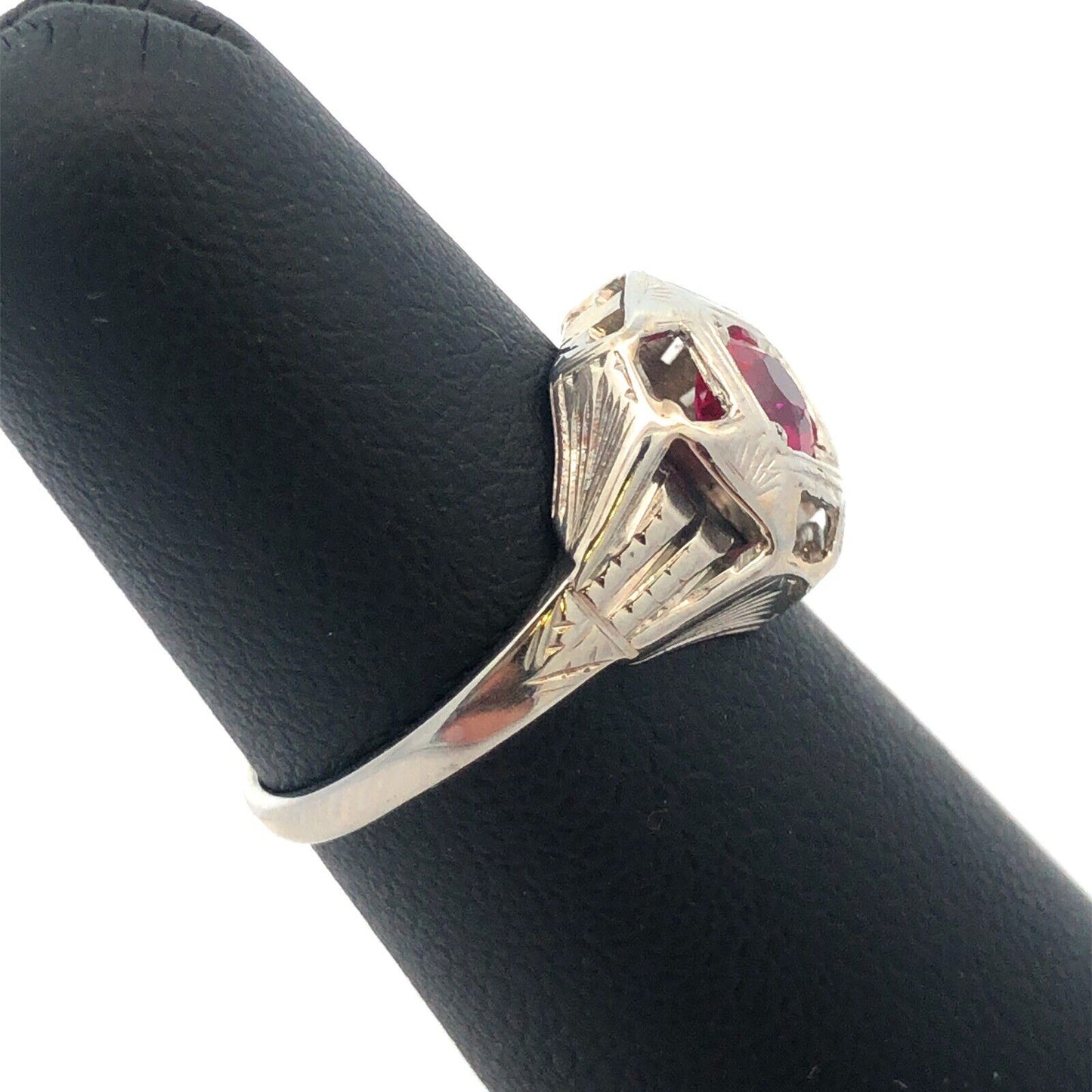 Art Deco 18K White Gold Round Ruby Solitaire Cocktail Ring