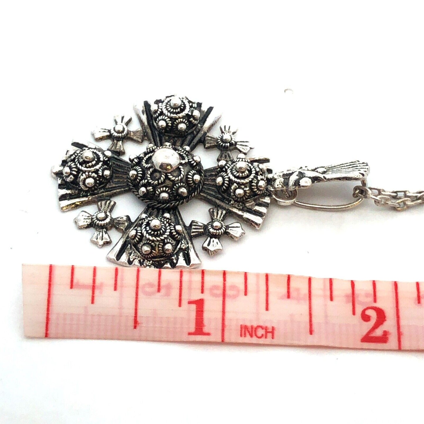 Vintage 925 Sterling Silver Jerusalem Cross Scroll Detail Statement Necklace