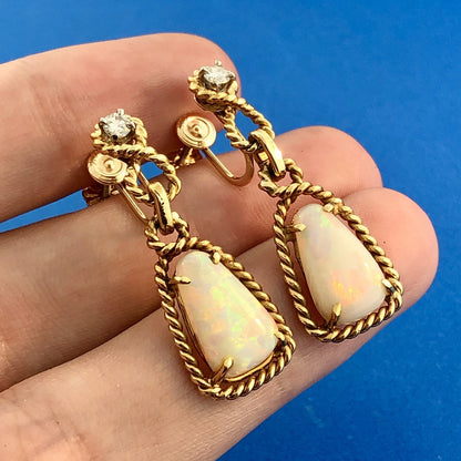 Estate 14K Yellow Gold Trillion Cut Opal Diamond Accent Drop Dangle Earrings