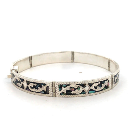 Vintage Taxco Mexico 925 Sterling Silver Abalone Inlay Textured Panel Bracelet
