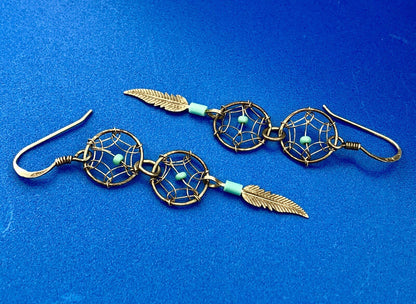 Artisan Sterling Silver 925 Turquoise Intricate Dream Catcher Dangle Earrings