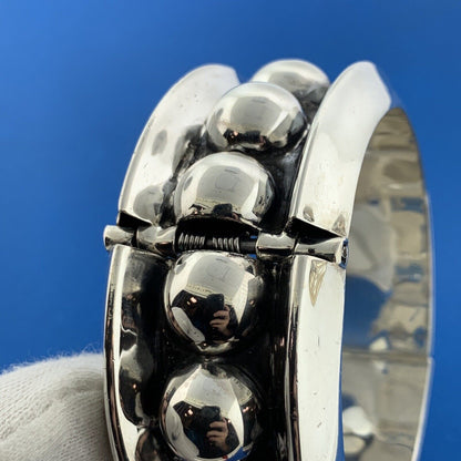 Vintage Taxco 925 Sterling Silver Polka Dot Wide Statement Hinged Cuff Bracelet