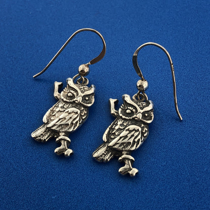 Stunning Sterling Silver 925 Detailed Night Owl Bird Dangle Hook Earring
