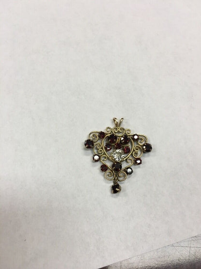Vintage Designer Winard 12K Yellow Gold Filled Garnet Diamond Filigree Pendant