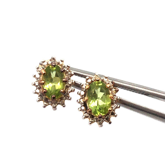 Designer 925 Sterling Silver Vermeil Two Tone Green Peridot Oval Stud Earrings
