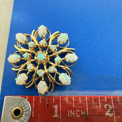 Beautiful 14K Yellow Gold Opal Round Flower Snowflake Pendant Brooch