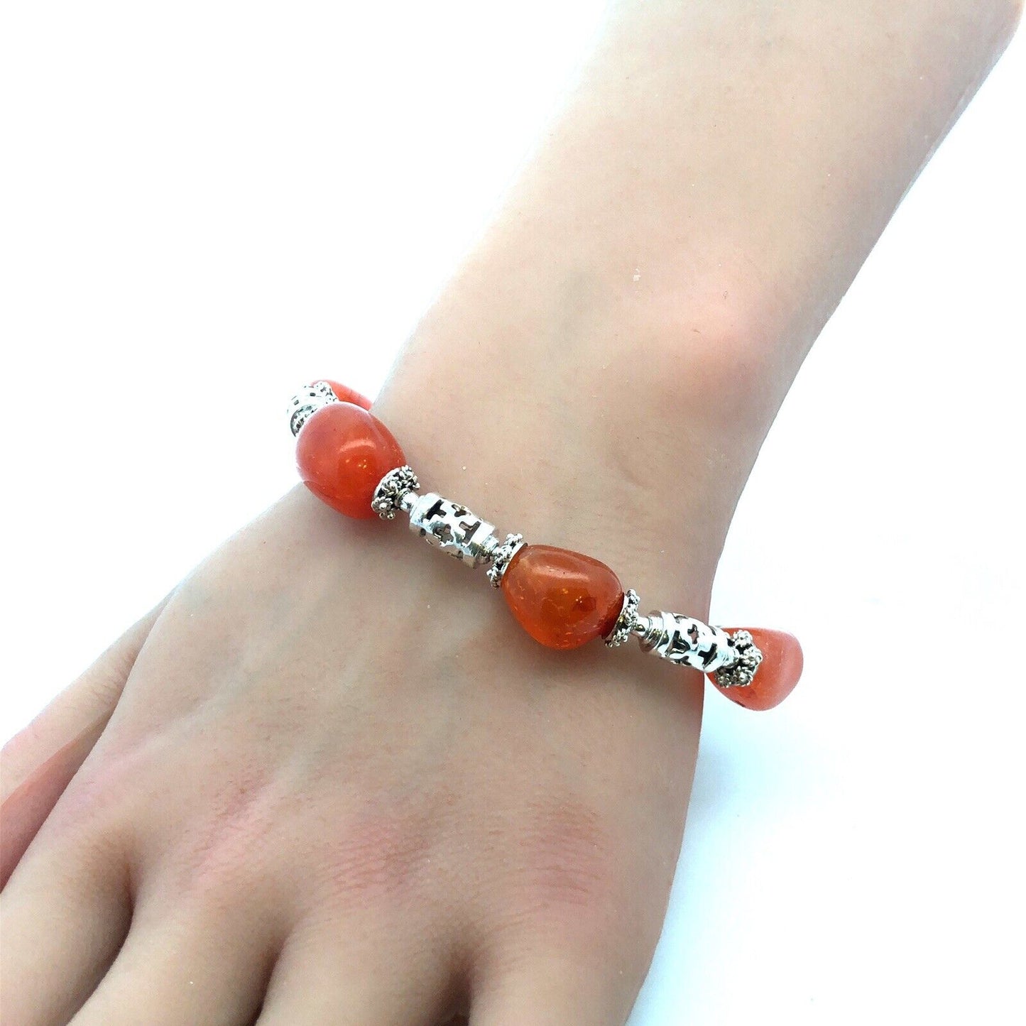 Designer 925 Sterling Silver Orange Carnelian Beaded Statement Bracelet