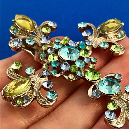 Silver Tone Grn Blue Aqua Crystal Fleur De Lis Cross Statement Enhancer Pendant