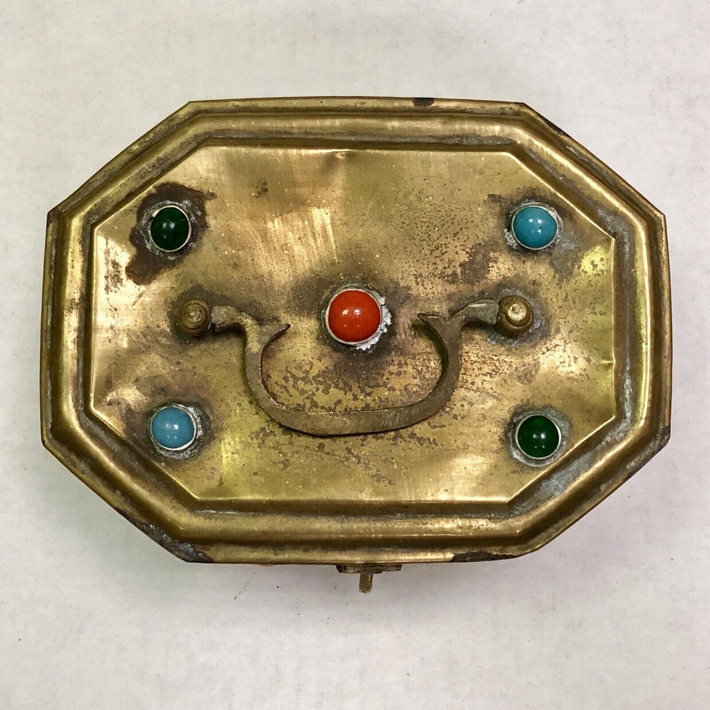 Vintage India Artisan Brass Jeweled Handled Lockable Latched Trinket Jewelry Box