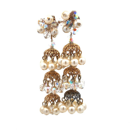 Vintage Gold Tone Faux Pearl Crystal Bead Statement Chandelier Clip On Earrings