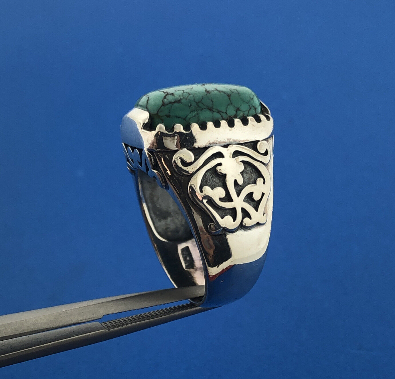 Stunning Sterling Silver 925 Cabochon Green Turquoise Statement Ring Size 7.75