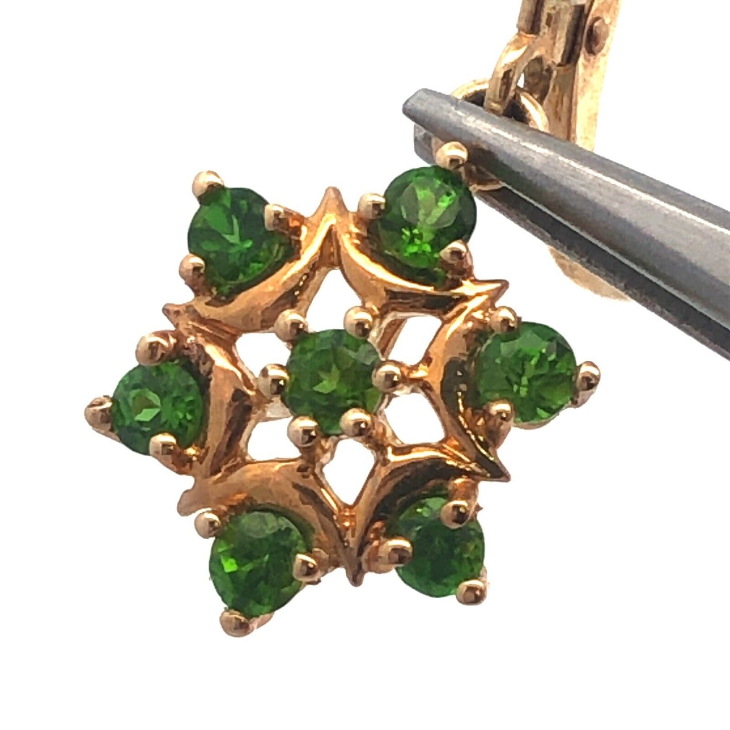 14K Yellow Gold Round Green Tourmaline Flower Leverback Dangle Earrings