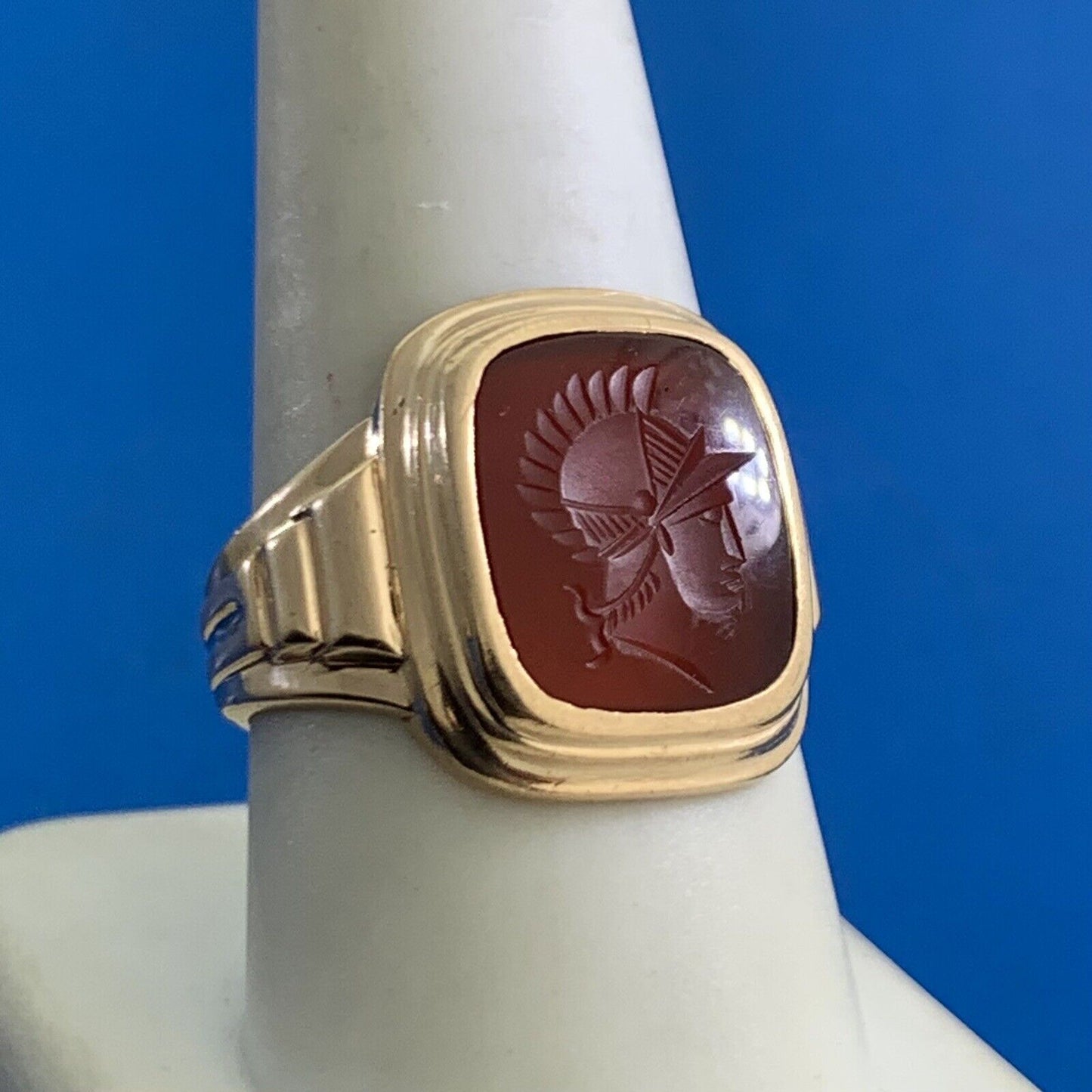 Estate 10K Yellow Gold Carved Centurion Soldier Unisex Statement Ring