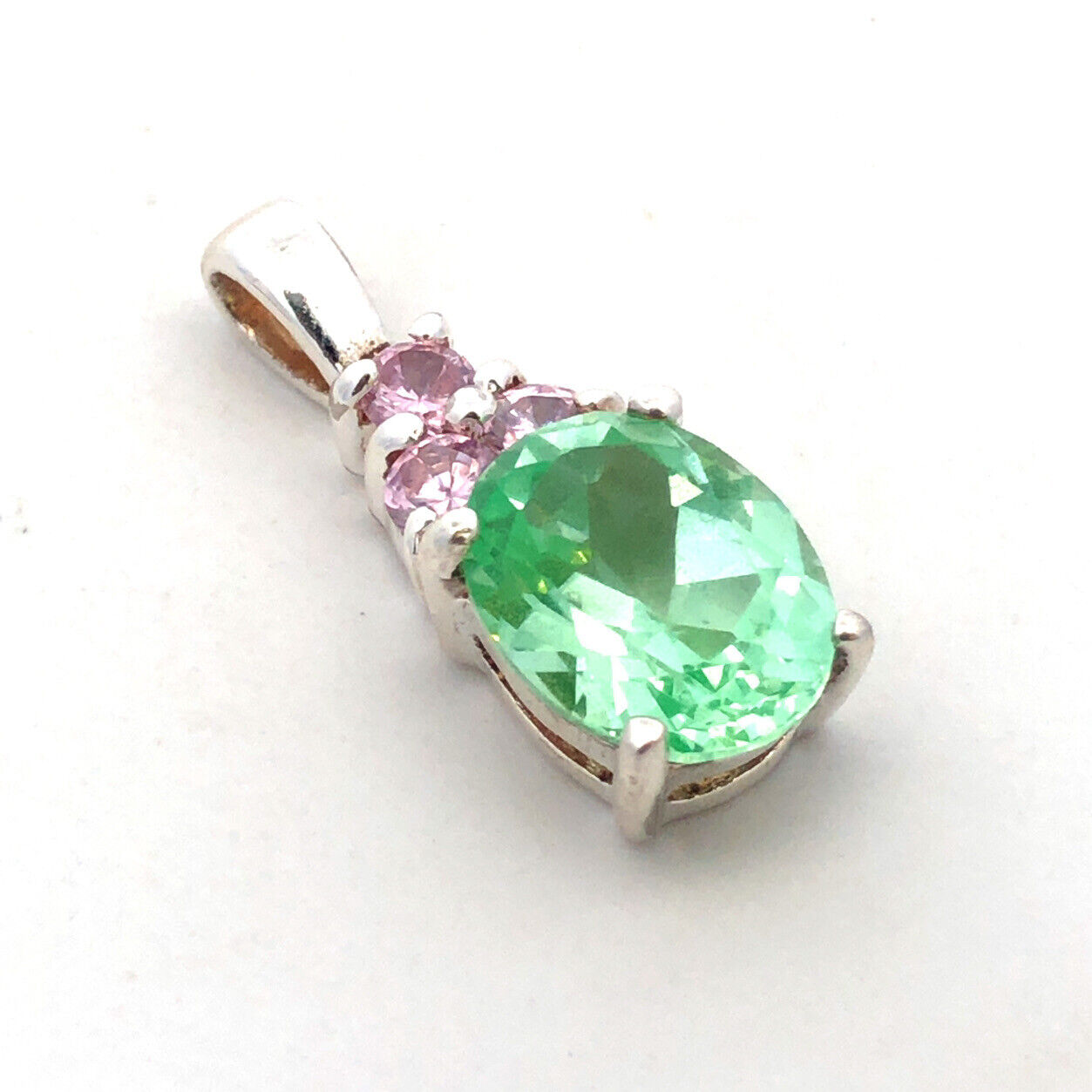 Designer HAN 925 Sterling Silver Oval Aquamarine Round Pink CZ Accent Pendant