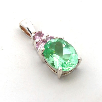 Designer HAN 925 Sterling Silver Oval Aquamarine Round Pink CZ Accent Pendant