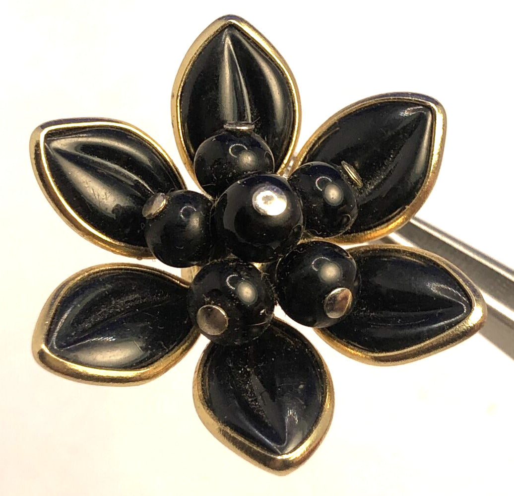 Designer Coro Gold-Tone Black Enamel Flower Statement Clip-on Stud Earrings