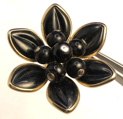 Designer Coro Gold-Tone Black Enamel Flower Statement Clip-on Stud Earrings
