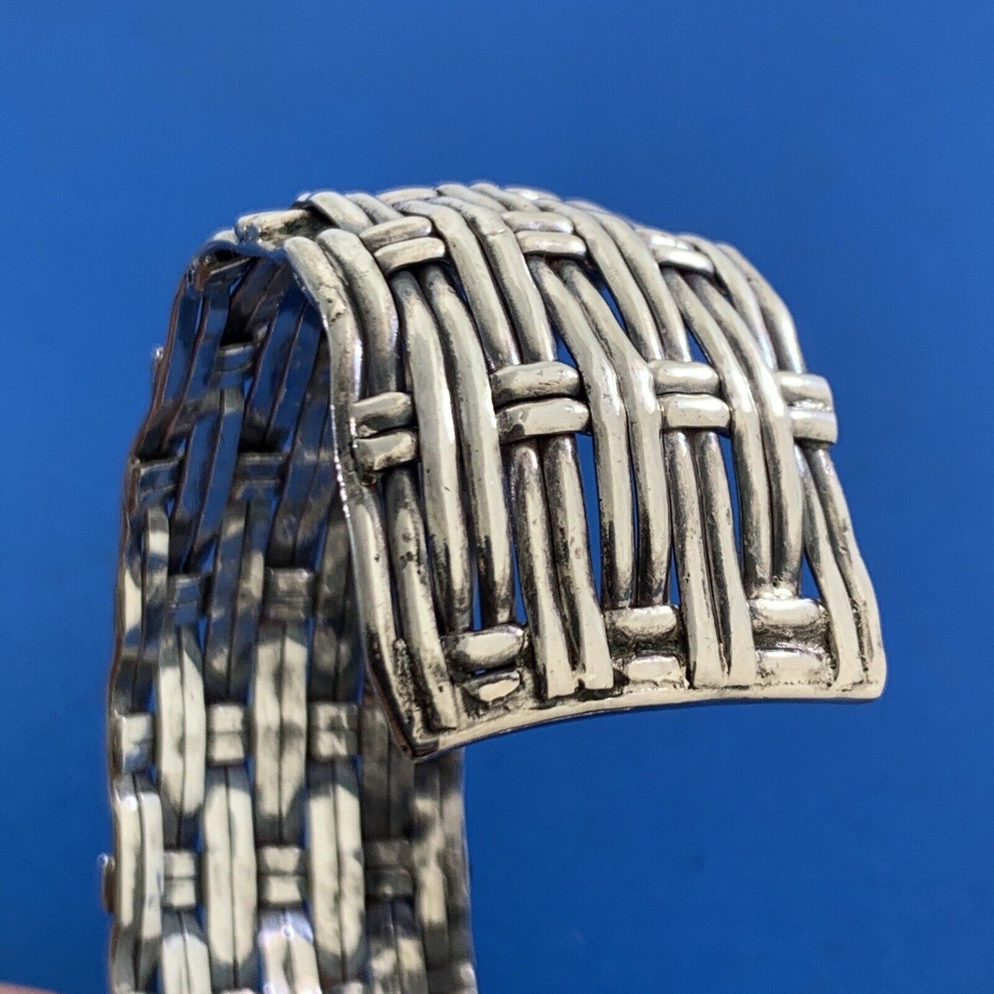 Artisan 925 Sterling Silver Basket Weave Statement Open Cuff Bracelet