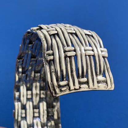 Artisan 925 Sterling Silver Basket Weave Statement Open Cuff Bracelet
