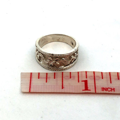 Designer 925 Sterling Silver Floral Detailed Stackable Tapered Wide Band Ring