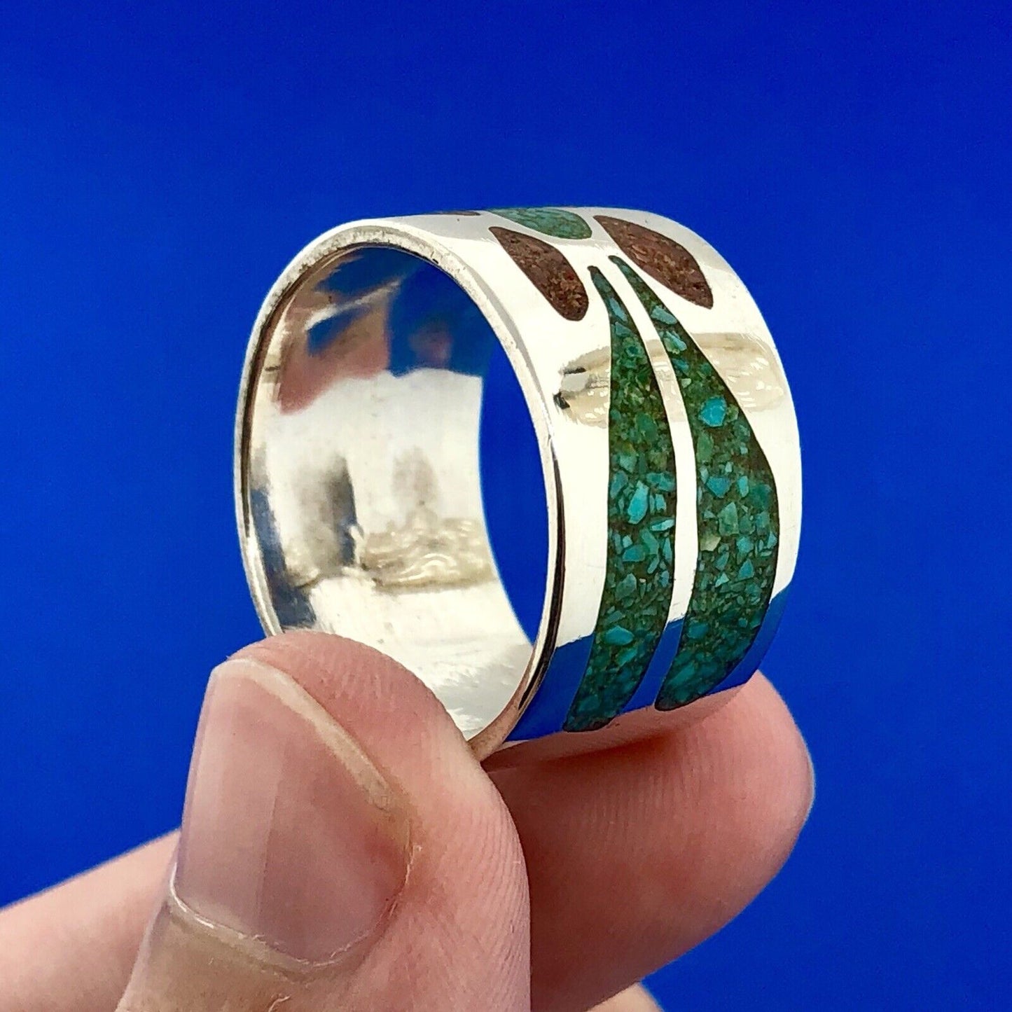 Men's Sterling Silver 925 Turquoise Red Coral Spiderweb Inlay Wide Band Ring