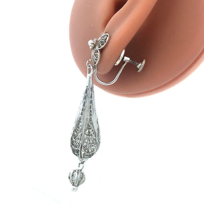Vintage 925 Sterling Silver Intricate Filigree Floral Dangle Screw Back Earrings